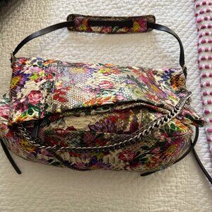 **JIMMY CHOO BIKER FLORAL PYTHON SHOULDER BAG**